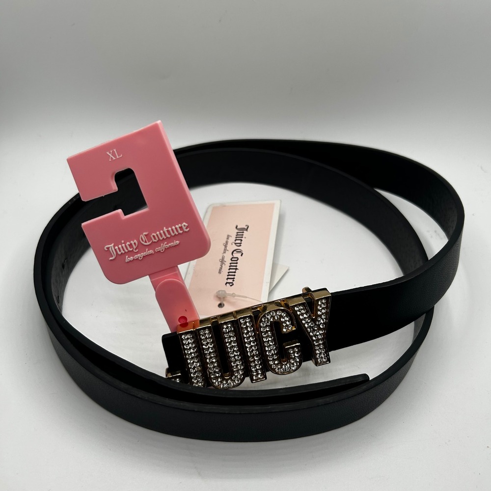 Juicy Couture Logo Belt Womens XL Black New Gold Rhinestone Bling Buckle JCB889